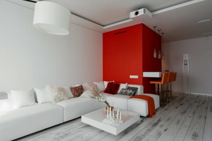 Appropriate use of a bright shade adds volume to the room