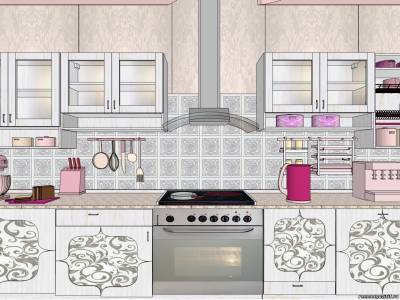 The figure shows a gray-purple kitchen with facades decorated with decoupage method.