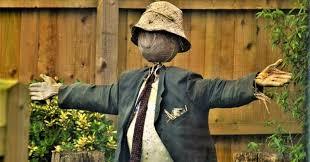 Photo of a garden scarecrow from old clothes