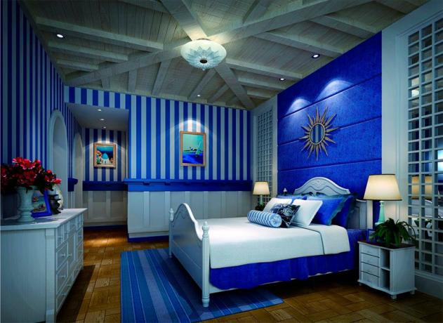 Photo of a bedroom with one blue tint throughout the room