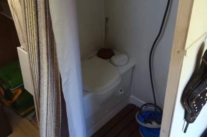 Composting toilet in a house on wheels.