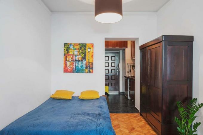 Studio 25 m² with a kitchen in the hallway and bright accents
