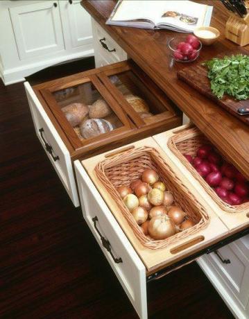 Drawers can be used to build a bread bin and place vegetables.