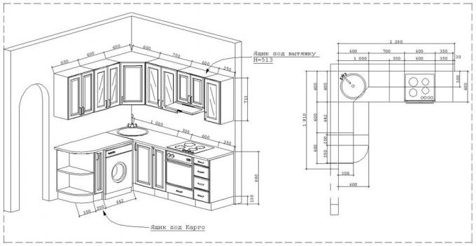 Technical plan for arranging furniture with dimensions