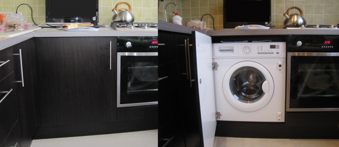 Washing machine in the kitchen: do-it-yourself video instructions for installation, the pros and cons of such an installation, how to hide, fit into the interior, cabinet, price, photo