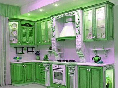 Green kitchen furniture with an emerald hue
