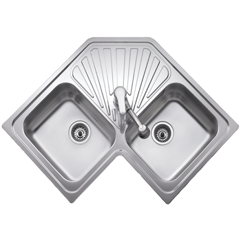 Corner configuration with two polished stainless steel bowls