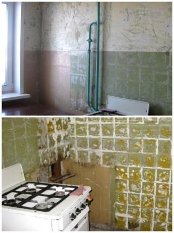 To begin, carried all the furniture and cleaned the walls of the old tiles and wallpaper. | Photo: youtube.com.