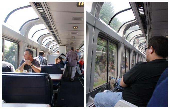 Dining car and a special excursion train is equipped with panoramic windows, so that passengers can enjoy the scenery (USA).