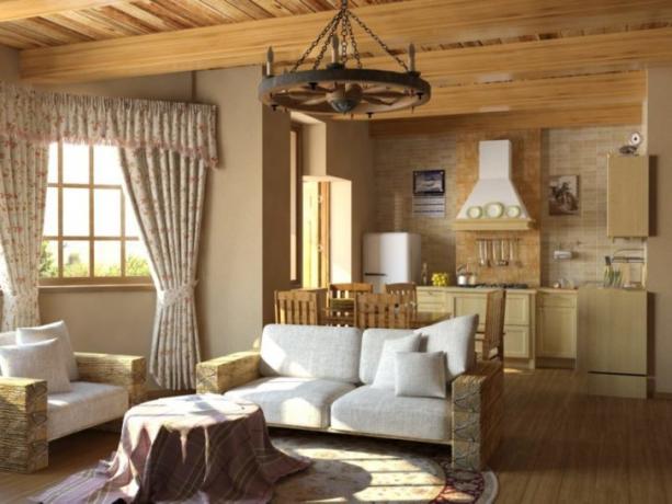 Living room in rustic style Characteristic finishes for rustic are: