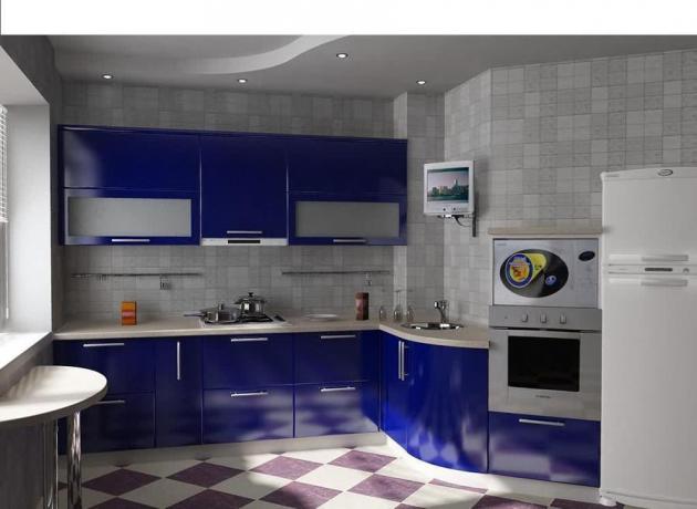 An interesting design of a 10-meter kitchen in cold colors, but here the main thing is that there is enough lighting, otherwise the interior will turn out to be "gloomy" and "heavy