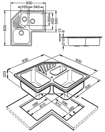 Placement of a corner sink in a worktop