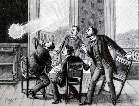This illustration depicts the French fireball, penetrating into the room through the window
