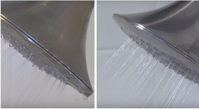 Shower head before and after cleaning.
