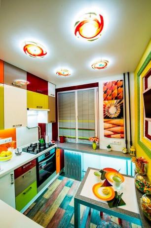 A lot of bright colors in the interior of the kitchen.