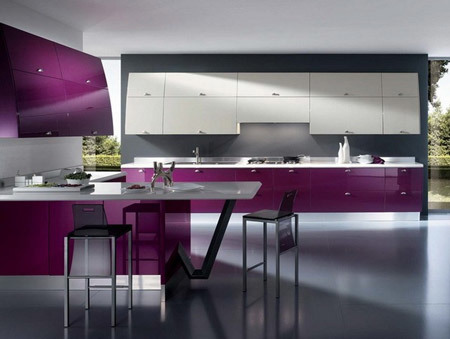 The purple kitchen looks stylish and attractive.