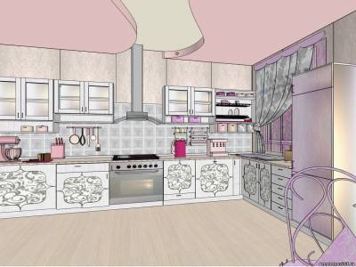 Design - project in the style of shabby - chic: kitchen in gray-purple tones.