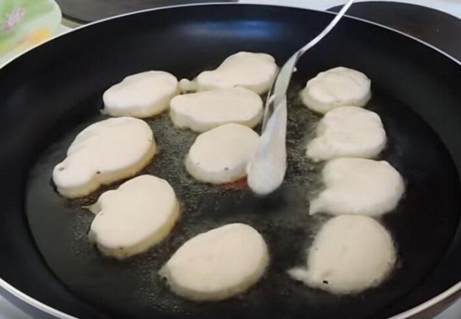 You can put a spoon pancakes on hot skillet.