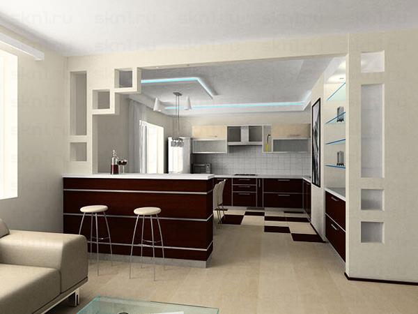 The photo shows several zoning options at once: the use of different types of finishes, colors and the presence of a bar