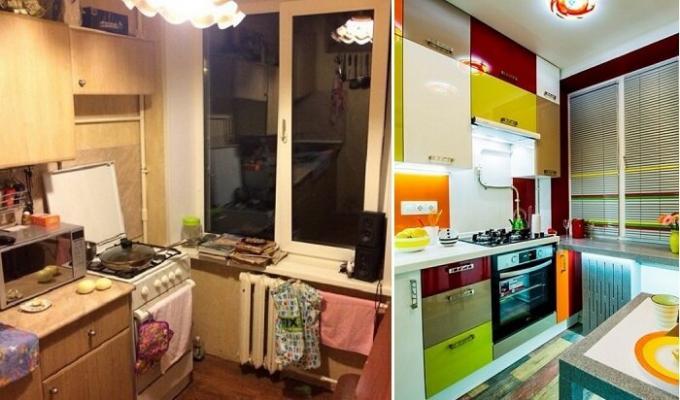 The kitchen in the "Khrushchev" before and after transformation.