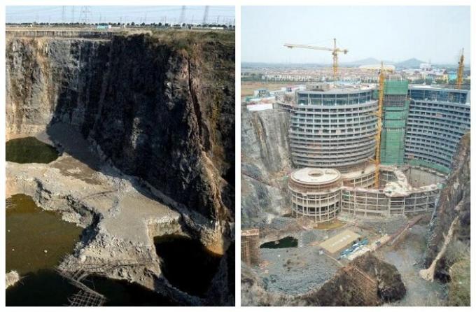 Abandoned quarry became a marketplace for the construction of the underground hotel (Songjiang InterContinental).