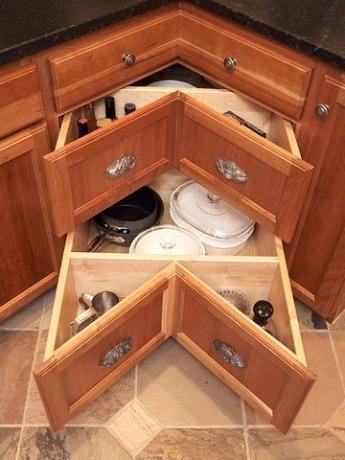 Convenient and spacious pull-out drawers in a corner cabinet