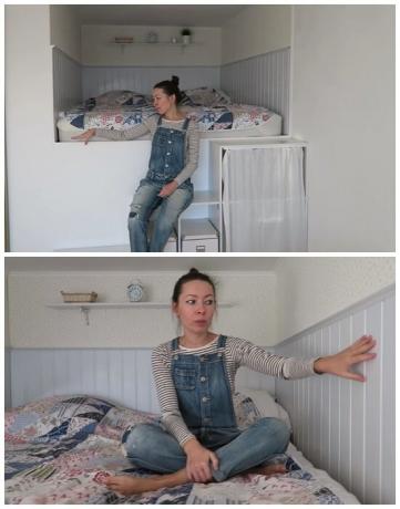 On a high podium in the formed niche girl she made a real bedroom. | Photo: youtube.com.