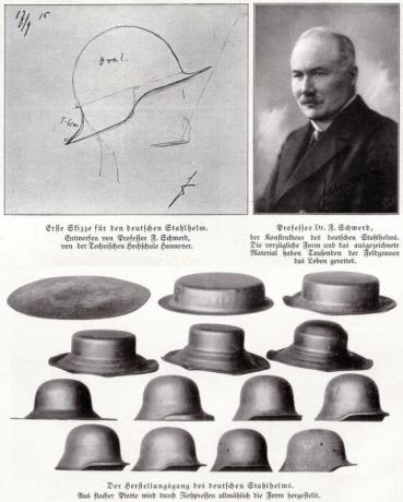 The process of forming the helmet and the author of ideas Stahlhelm M16 Dr. Friedrich Shverd.