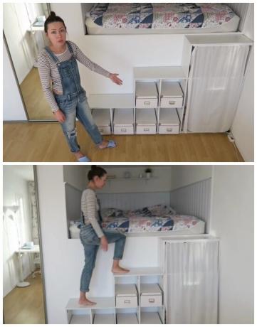 To get into a makeshift bedroom need to climb the stairs, shelves. | Photo: youtube.com.