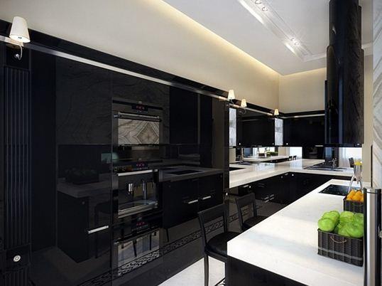 Glossy black kitchen in a classic combination with a snow-white worktop