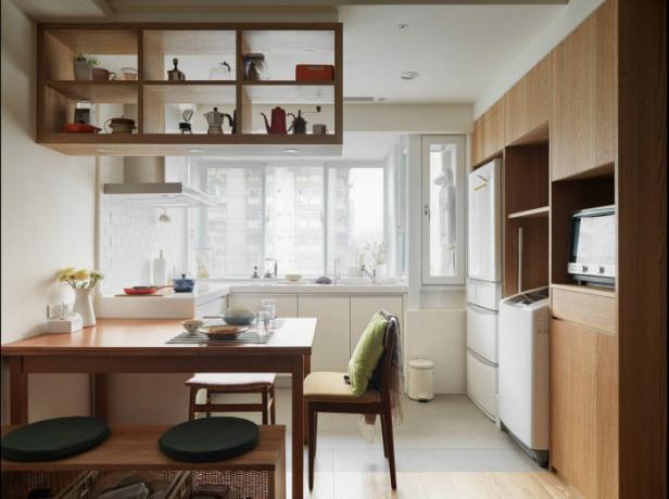 White kitchen is located directly next to the window.